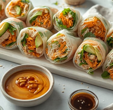 Fresh Vietnamese spring rolls with chicken, avocado, and vegetables, served with peanut sauce and soy sauce.