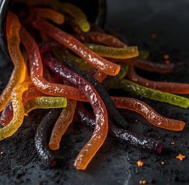 Colorful gummy worms spilling from a black bowl onto a dark stone surface with chocolate soil.