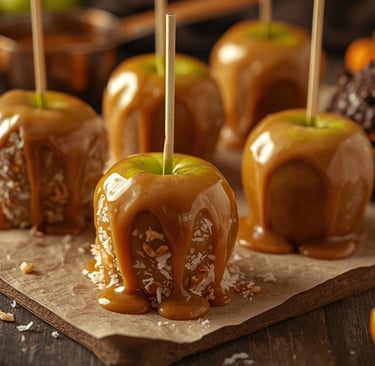 Gourmet caramel apples with nuts and coconut on a rustic wooden table for fall.