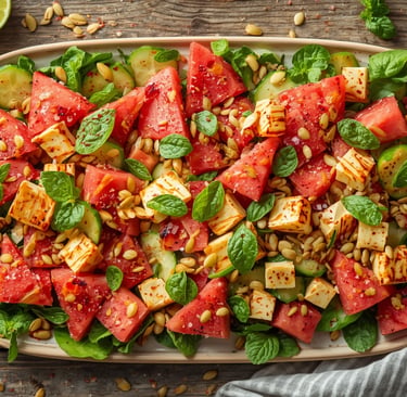 Vibrant watermelon feta salad with cucumber, pumpkin seeds, and fresh mint on a wooden table, perfect for a summer dish.