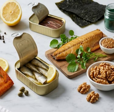 Canned sardines, salmon, smoked fish, and walnuts highlighting various healthy sources of omega-3 fatty acids.