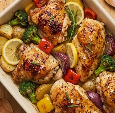 Sheet pan roasted chicken thighs and breasts with potatoes, broccoli, and peppers.