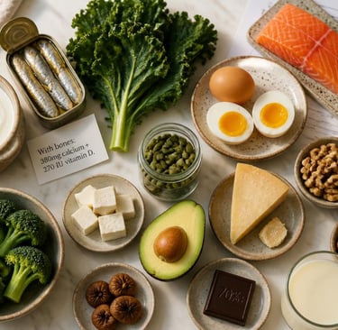 A variety of calcium-rich foods for bone health including salmon, kale, eggs, and dairy products.