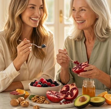 Smiling mother and daughter eating healthy breakfast with fresh fruit, pomegranate, and berries.