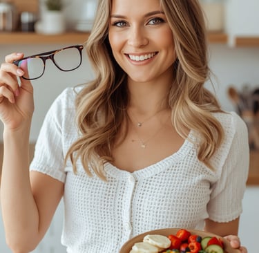 Smiling woman holding stylish tortoiseshell glasses and a healthy fruit bowl in a bright kitchen.