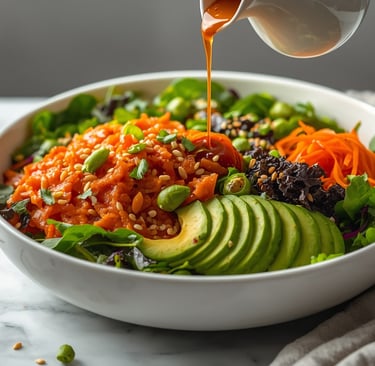 Dressing being poured onto a healthy vegan poke bowl with sliced avocado, edamame, and fresh vegetables.