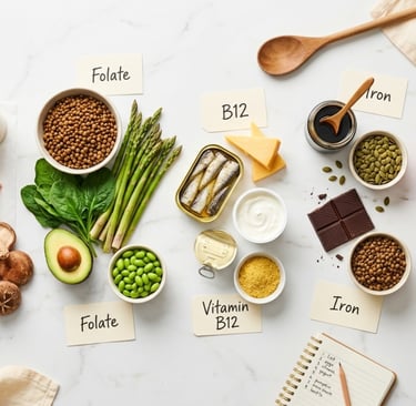 Flat lay of healthy foods for essential vitamins like D, C, B12, folate, and iron on a white marble background.