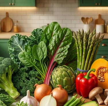 Fresh organic vegetables including kale, broccoli, asparagus, and pumpkin on a kitchen counter.