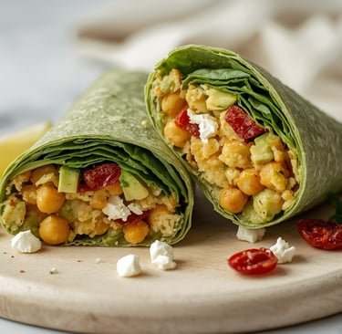 Healthy chickpea and avocado salad wrap with sun-dried tomatoes and feta cheese on a spinach tortilla.