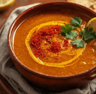 A bowl of red lentil soup garnished with paprika, fresh parsley, and a lemon wedge.