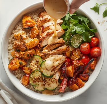 Grilled chicken grain bowl with roasted vegetables, tomatoes, and arugula being drizzled with creamy tahini dressing.