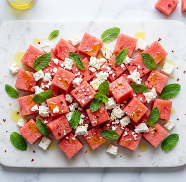 Refreshing watermelon feta salad with fresh mint leaves and olive oil on a white marble serving board.