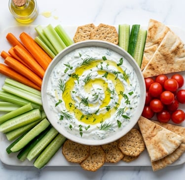 Creamy Greek tzatziki dip with olive oil and dill served with pita bread and fresh vegetable crudites.