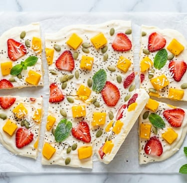 Frozen yogurt bark topped with fresh strawberries, mango chunks, pumpkin seeds, and mint leaves on parchment paper.