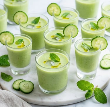 Refreshing chilled cucumber gazpacho shooters garnished with mint leaves and olive oil.