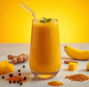 Refreshing mango ginger smoothie in a tall glass with fresh turmeric, cinnamon, and mint garnish on a marble table.