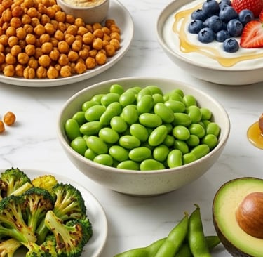 A collection of healthy, protein-rich foods, including edamame, roasted chickpeas, Greek yogurt with berries, avocado, and