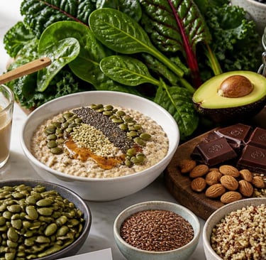 A healthy vegan magnesium-rich oatmeal, avocado, nuts, and leafy greens.