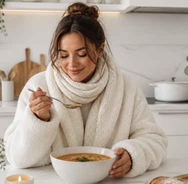 A woman in a cozy white robe eating a bowl of warm vegetable soup in a bright modern kitchen.