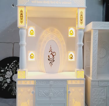 Corian mandir with solid pillar and curve Om