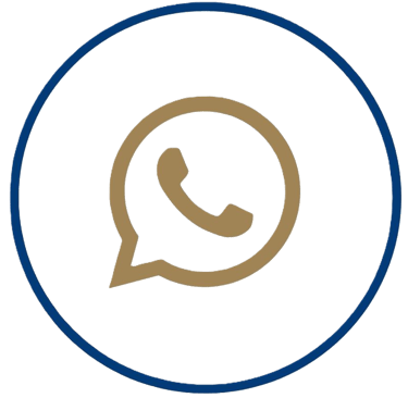 Gold WhatsApp logo icon inside a blue circular border on a black background for contact us social media links.