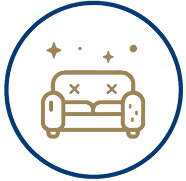 Gold sofa icon with sparkle elements for professional upholstery and furniture cleaning services.