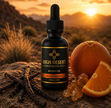 High Desert Grooming Co. Beard Oil bottle with vanilla beans and orange slices during a desert sunrise.