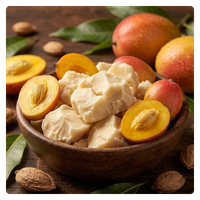 Raw organic mango butter chunks in a wooden bowl surrounded by fresh mango fruit and seeds.