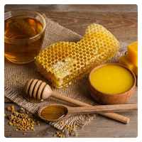 Fresh organic honey with natural honeycomb, dipper, and bee pollen on a wooden table.
