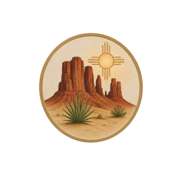 Vintage Southwest desert illustration featuring red rock buttes, yucca plants, and a Zia sun symbol.