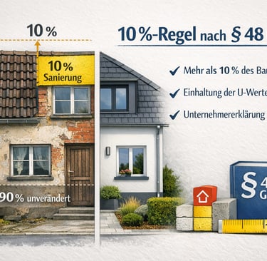 „Illustration zur 10‑Prozent‑Regel nach § 48 GEG mit markiertem Sanierungsbereich und Gesetzessymbol