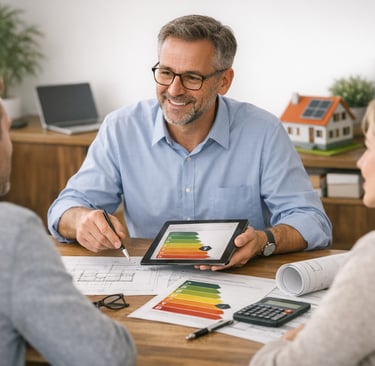 Energieberater erklärt den Ablauf der Energieberatung mit Plänen und Tablet in Aachen