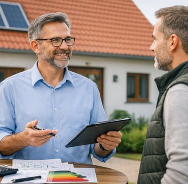 Energieberater im Gespräch mit Hauseigentümer vor modernem Wohnhaus mit Solaranlage in Aachen