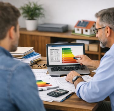 Energieberater erklärt am Schreibtisch mit Laptop und Unterlagen einem Kunden den Energieeffizienzbe
