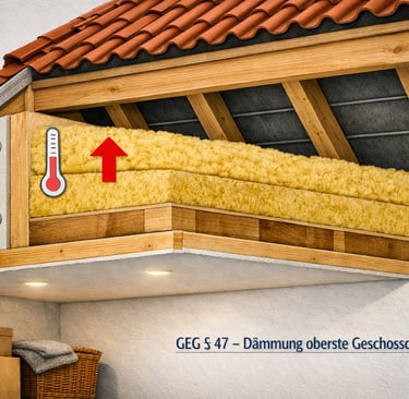 Querschnitt eines gedämmten Dachbodens mit Mineralwolle zwischen Holzbalken gemäß GEG 
