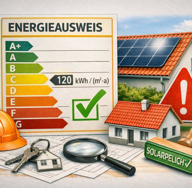 Energieausweis mit Effizienzskala, Schlüsselbund, Lupe und Modellhaus auf Bauplänen.
