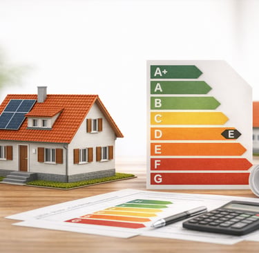 Modellhaus mit Energieeffizienzskala als Symbol für Energieberatung in Aachen