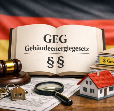 Offenes Gesetzbuch mit Titel ‚GEG Gebäudeenergiegesetz‘, Richterhammer und deutscher Flagge im Hinte