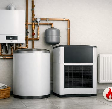 „Moderne Heizungsanlage mit Brennwertkessel, Wärmepumpe und Warmwasserspeicher in Technikraum.“