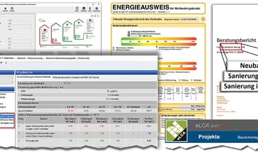 „Energieberater arbeitet mit Unterlagen und Software am individuellen Sanierungsfahrplan.“