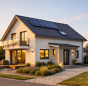 Modernisiertes Wohnhaus mit neuer Fassade und Solaranlage im warmen Abendlicht