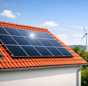„Photovoltaikanlage auf deutschem Wohnhaus mit roten Dachziegeln bei Sonnenschein, 