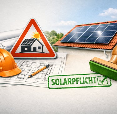 Symbolbild zur Solarpflicht: Baupläne, Helm und Stempel mit ‚SOLARPFLICHT‘ und Häkchen vor Solardach