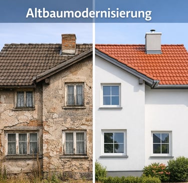 linke Seite unsaniert, rechte Seite modernisiert (Fassade, Dach, Fenster).