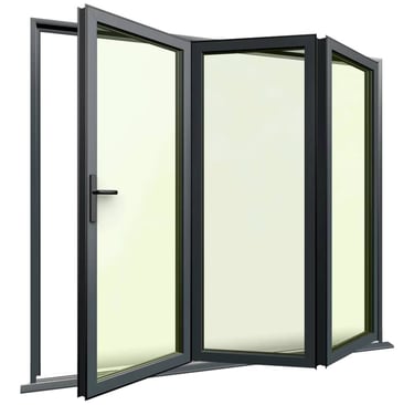 Modern charcoal grey aluminum bifold doors with double glazing for home energy efficiency.