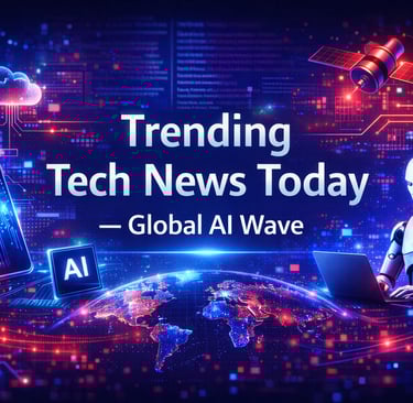 Trending Tech News Today — Global AI Wave banner featuring a futuristic digital world map glowing wi