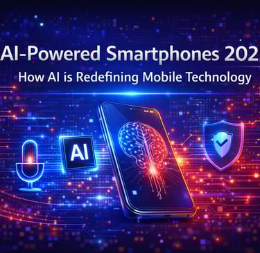 Futuristic digital illustration showing an AI-powered smartphone with a glowing brain-shaped AI circ