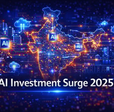 A futuristic digital illustration showing a glowing map of India connected with AI circuits, data ne