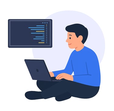 Developer working on coding tutorials using a laptop and code editor