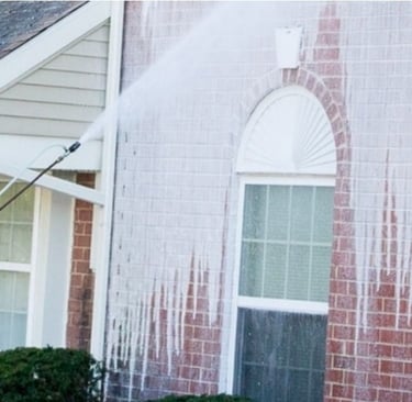 Professional soft washing service cleaning dirt from a residential brick house exterior in Vista, CA